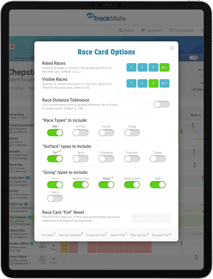 Race Card Options (Tablet Portrait) - TrackMate